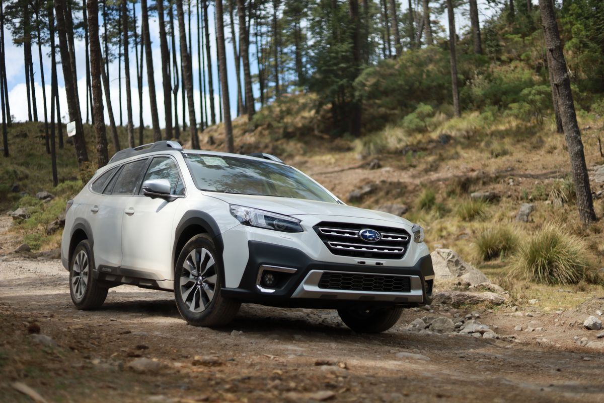 Beyaz Subaru Outback orman patikasinda