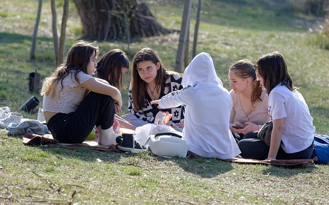 Çimende piknik yapan arkadaş grubu