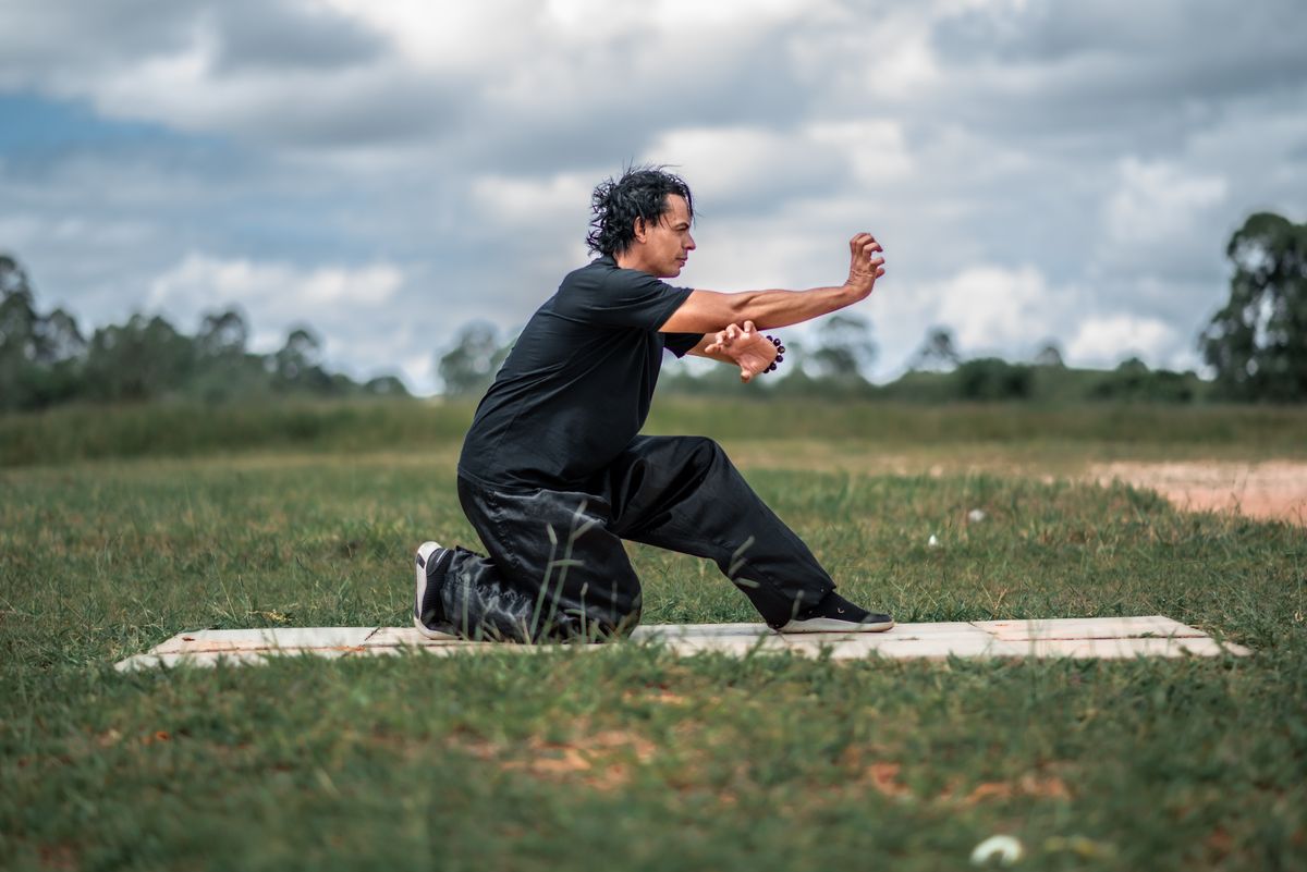 Çimenlik bir alanda tai chi ve qigong hareketleri yapan bir adam