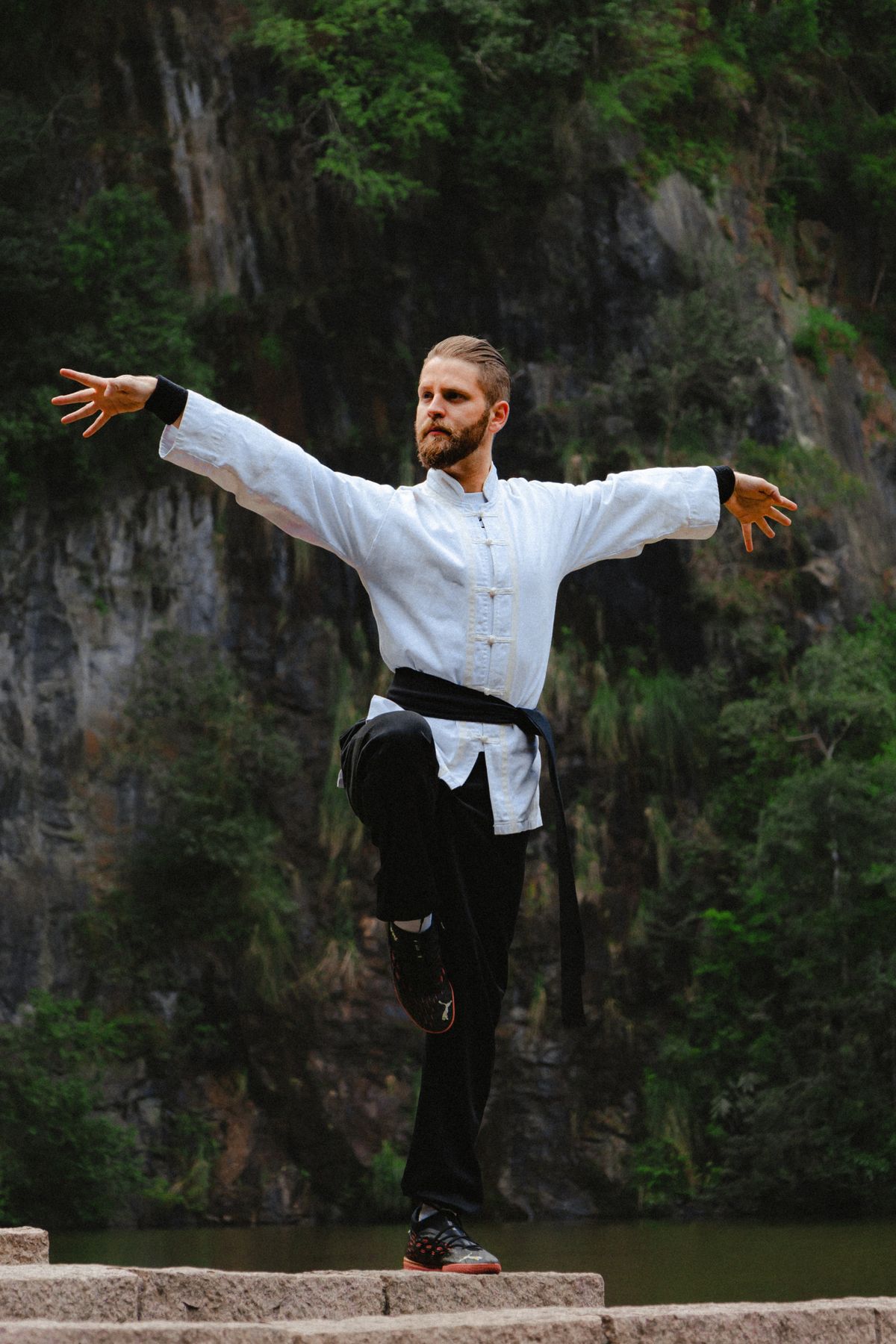 Sakin bir doğada odaklanmış şekilde tai chi yapan kişi