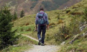Dağda trekking yapan bir doğa yürüyüşçüsü