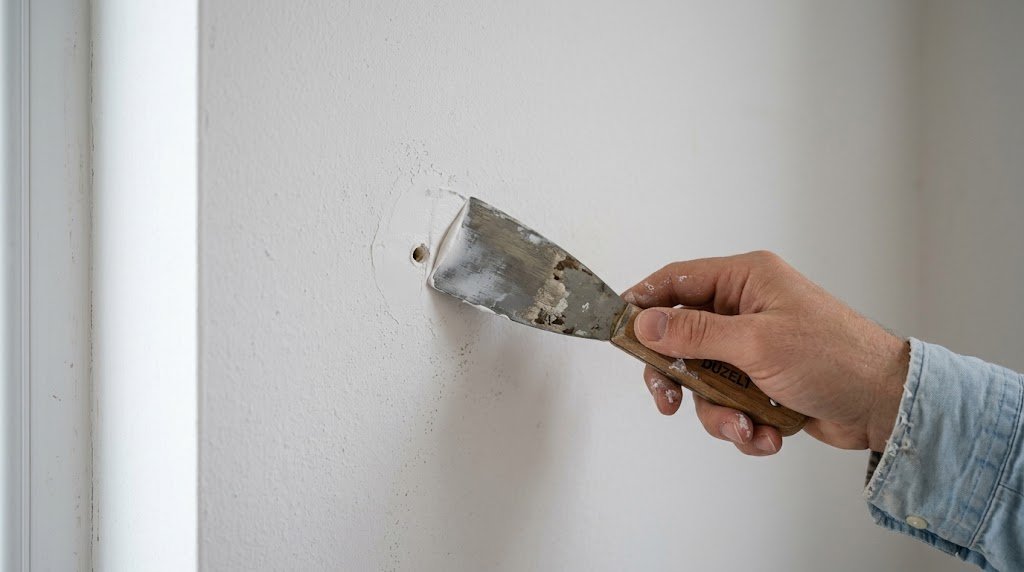 Spatula ile duvar macunu sürerek delik kapatma