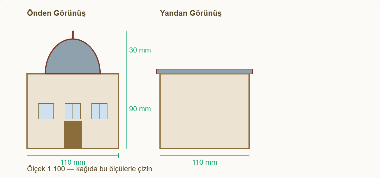 cami maketi Çizim 1: Cami gövdesi, kubbe ve ölçüler.