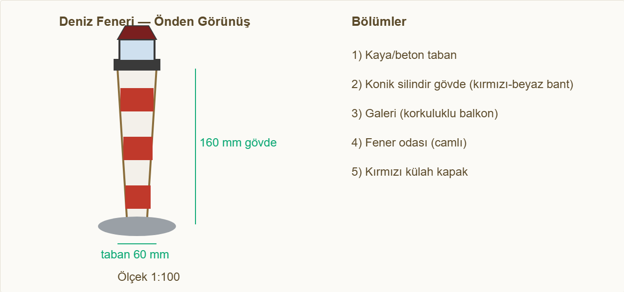deniz feneri maketi Çizim 1: Deniz fenerinin bölümleri ve ölçüleri.