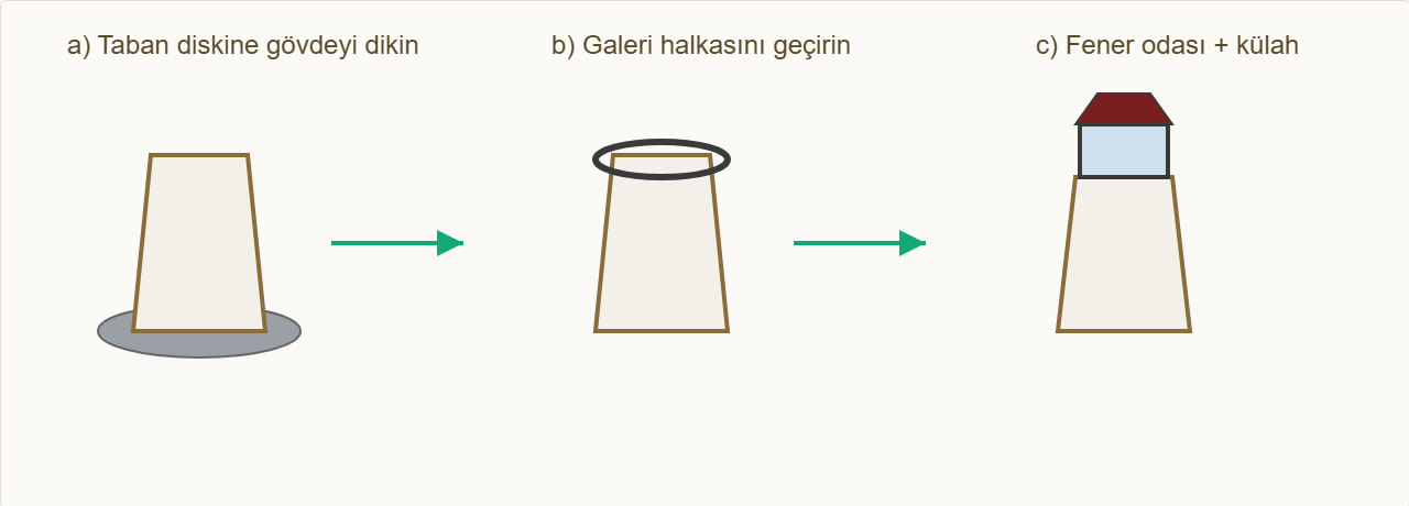 deniz feneri maketi Çizim 4: Taban → gövde → galeri → fener odası → külah sırası.