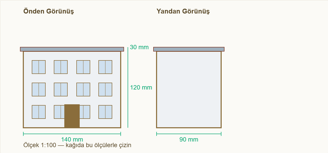 hastane maketi Çizim 1: Hastane gövdesinin ölçülü görünüşü.