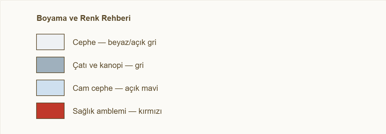 hastane maketi Çizim: Hangi bölümün hangi renge boyanacağı.