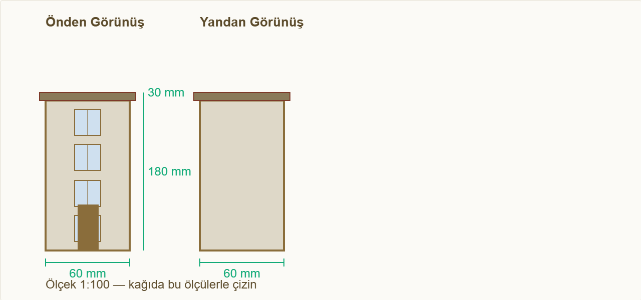 kule maketi Çizim 1: İnce yüksek kulenin ölçülü görünüşü.