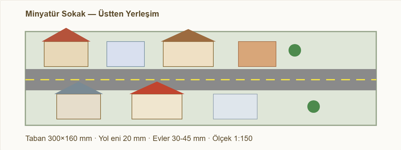 minyatür sokak maketi Çizim 1: Sokağın üstten yerleşimi — yol, kaldırım ve küçük binalar.