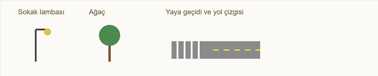 minyatür sokak maketi Çizim 5: Sokak lambası, ağaç ve yol çizgisi detayları.