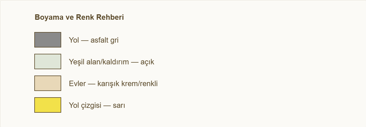 minyatür sokak maketi Çizim: Hangi bölümün hangi renge boyanacağı.