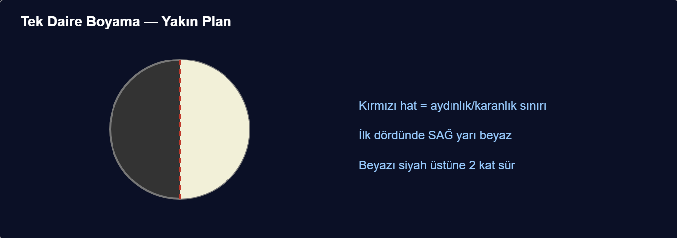 ayın evreleri maketi Detay 1: Tek dairenin aydınlık/karanlık boyanması.