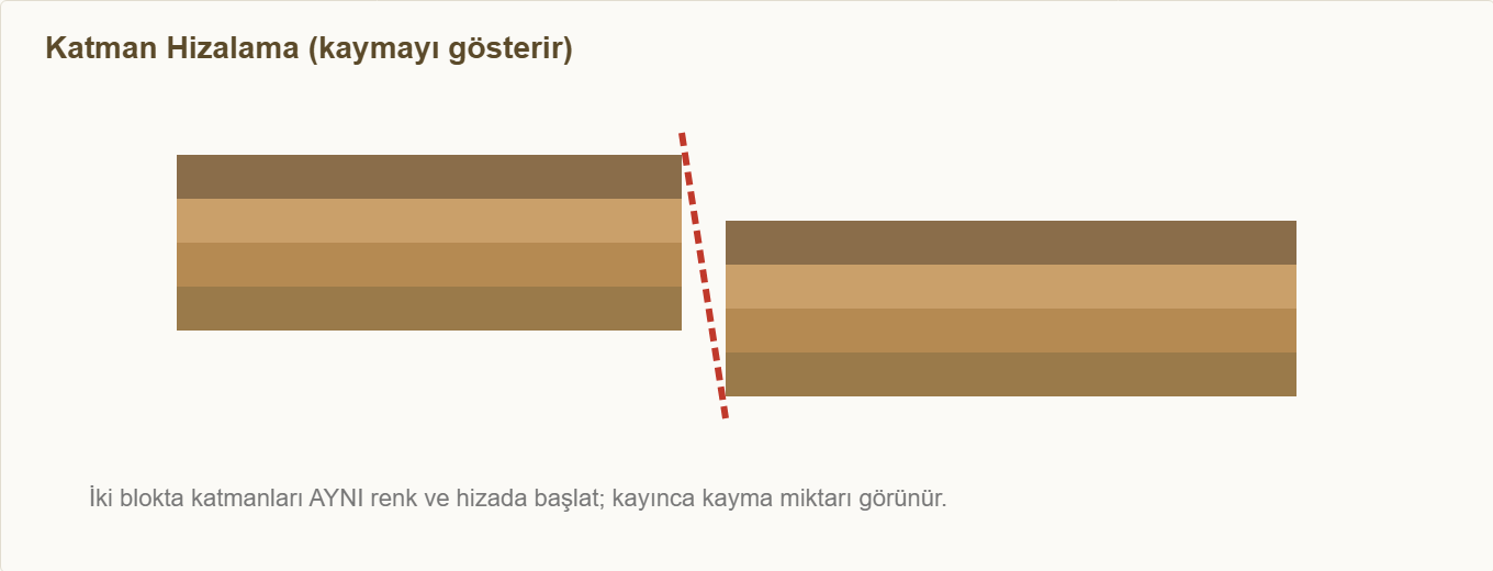 deprem fay hattı maketi Detay 1: İki blokta katmanların hizalanması (kaymayı görünür kılar).