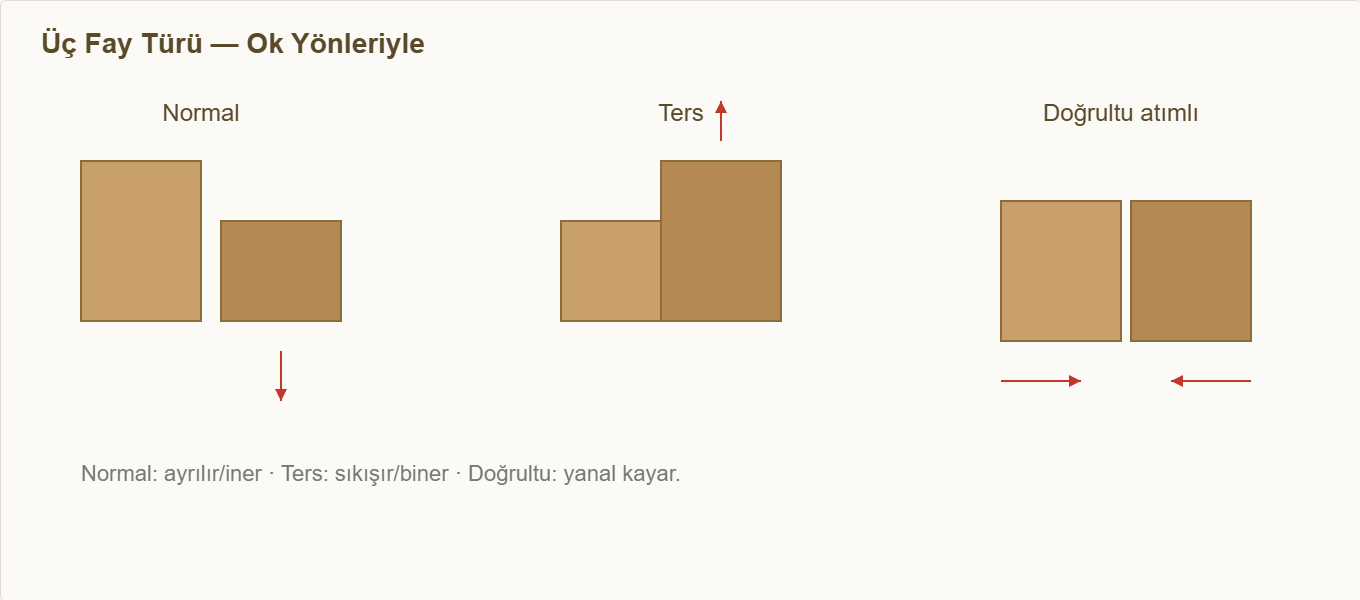 deprem fay hattı maketi Detay 2: Üç fay türü, ok yönleriyle ayrı ayrı.