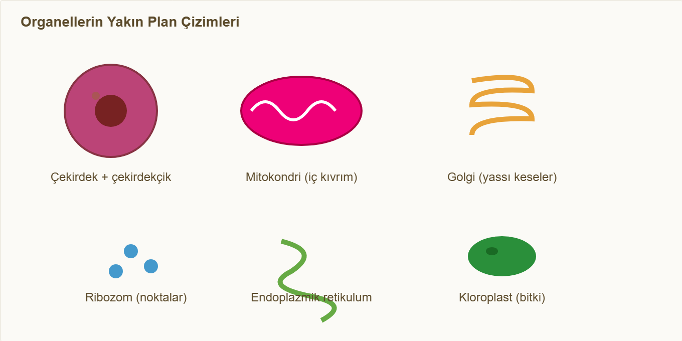 hücre maketi Detay 1: Organellerin yakın plan görünümleri.
