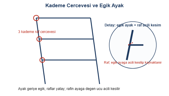 Kademe cercevesi ve egik ayak acili kesim detayi cizimi