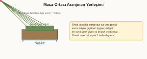 masa ortası aranjman çizim 1: Alçak kapta oasis üzerine üçgen çiçek yerleşimi ve yükseklik oranı.