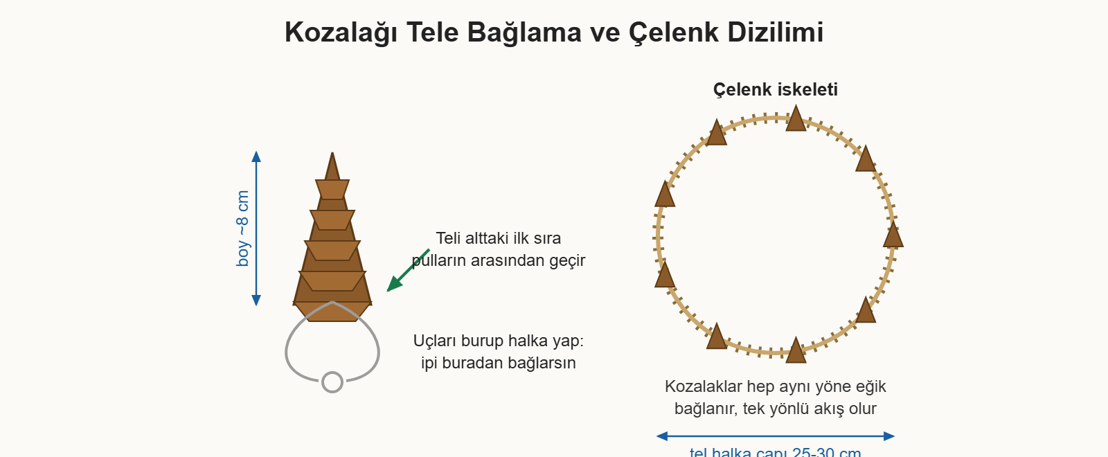 kozalak süsleme çizim 2: Kozalağın alt sıradan tellenmesi ve çelenk iskeletine tek yönde dizilişi.