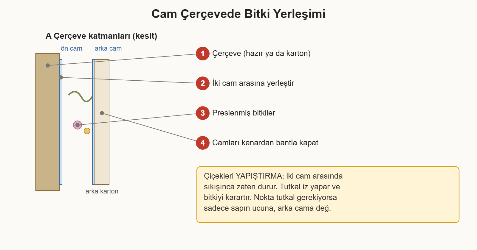 kuru çiçek pano çizim 2: İki cam arasına preslenmiş bitki yerleşimi ve katman sırası.