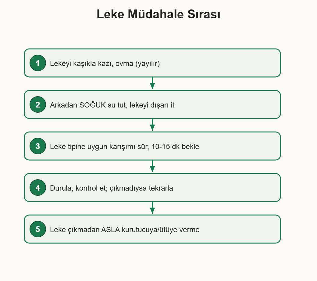 leke çıkarıcı çizim 2: Herhangi bir lekeye doğru müdahale sırası ve ısı uyarısı.