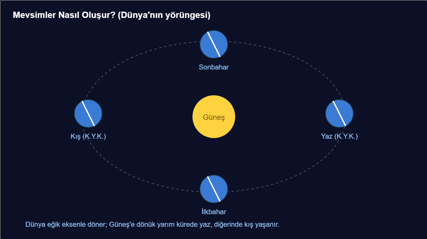 mevsimler maketi Çizim 1: Dünya’nın yörüngesi ve dört mevsim konumu.