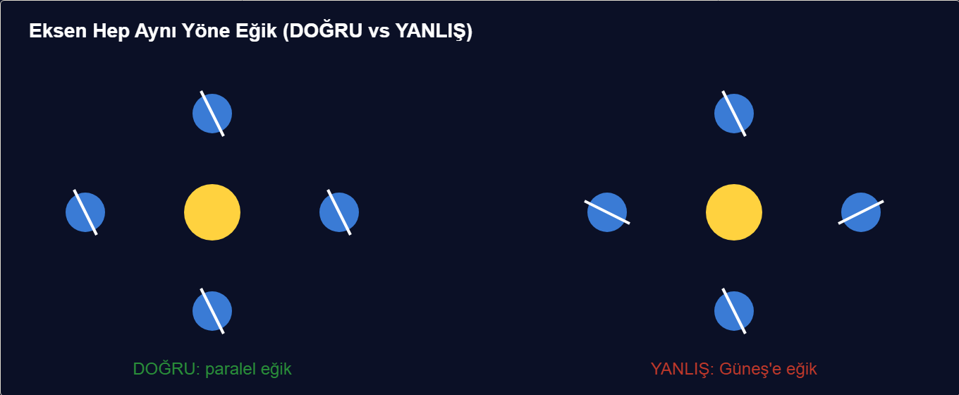 mevsimler maketi Detay 1: Dört Dünya ekseni paralel eğik — doğru ve yanlış.