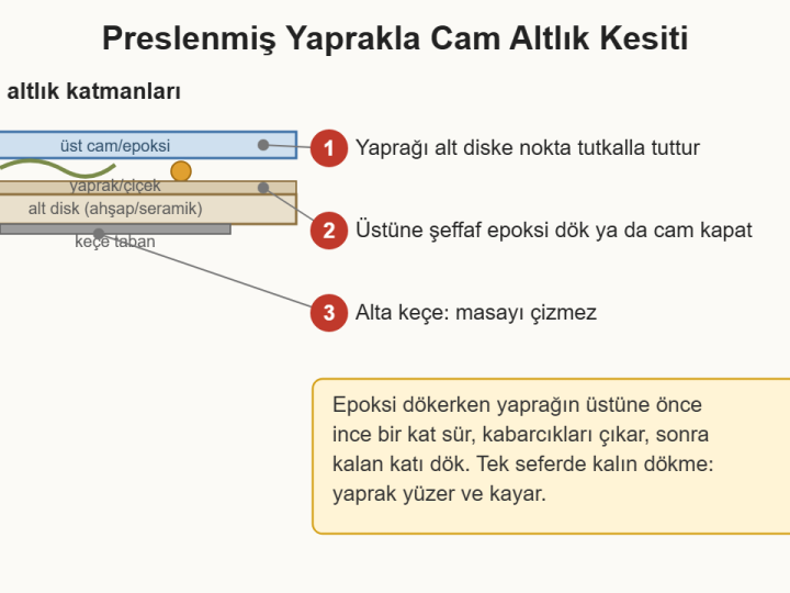 Preslenmiş Yaprakla Cam Altlık ve Kartlar