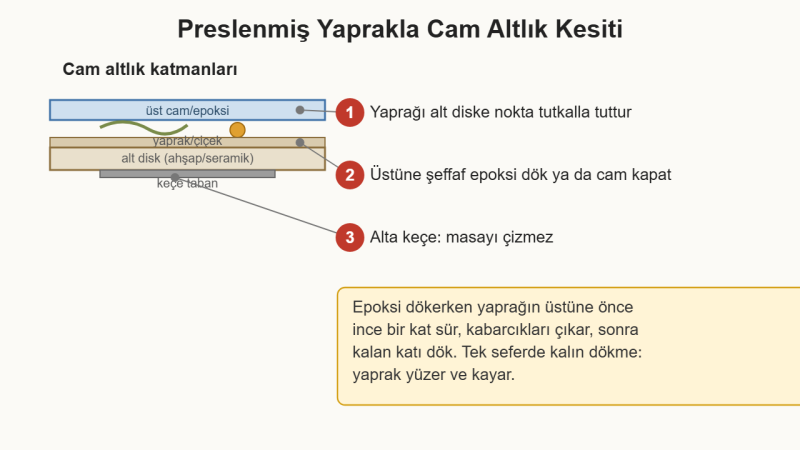 Preslenmiş Yaprakla Cam Altlık ve Kartlar