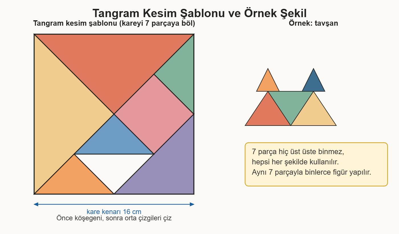 tangram çizim 1: Kareden 7 tangram parçasının kesim çizgileri ve bir örnek figür.