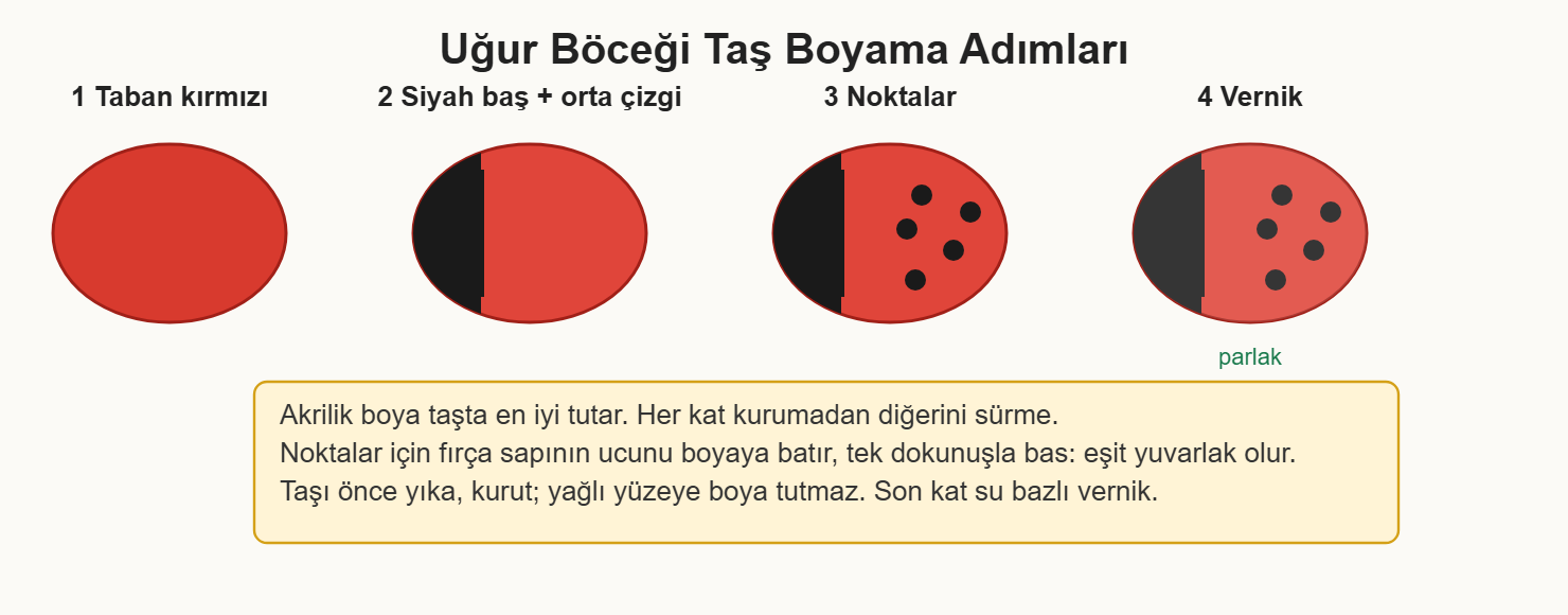 taş boyama çizim 1: Uğur böceğinin dört adımda boyanması ve nokta tekniği.