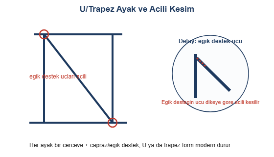 U trapez ayak ve acili kesim detayi cizimi