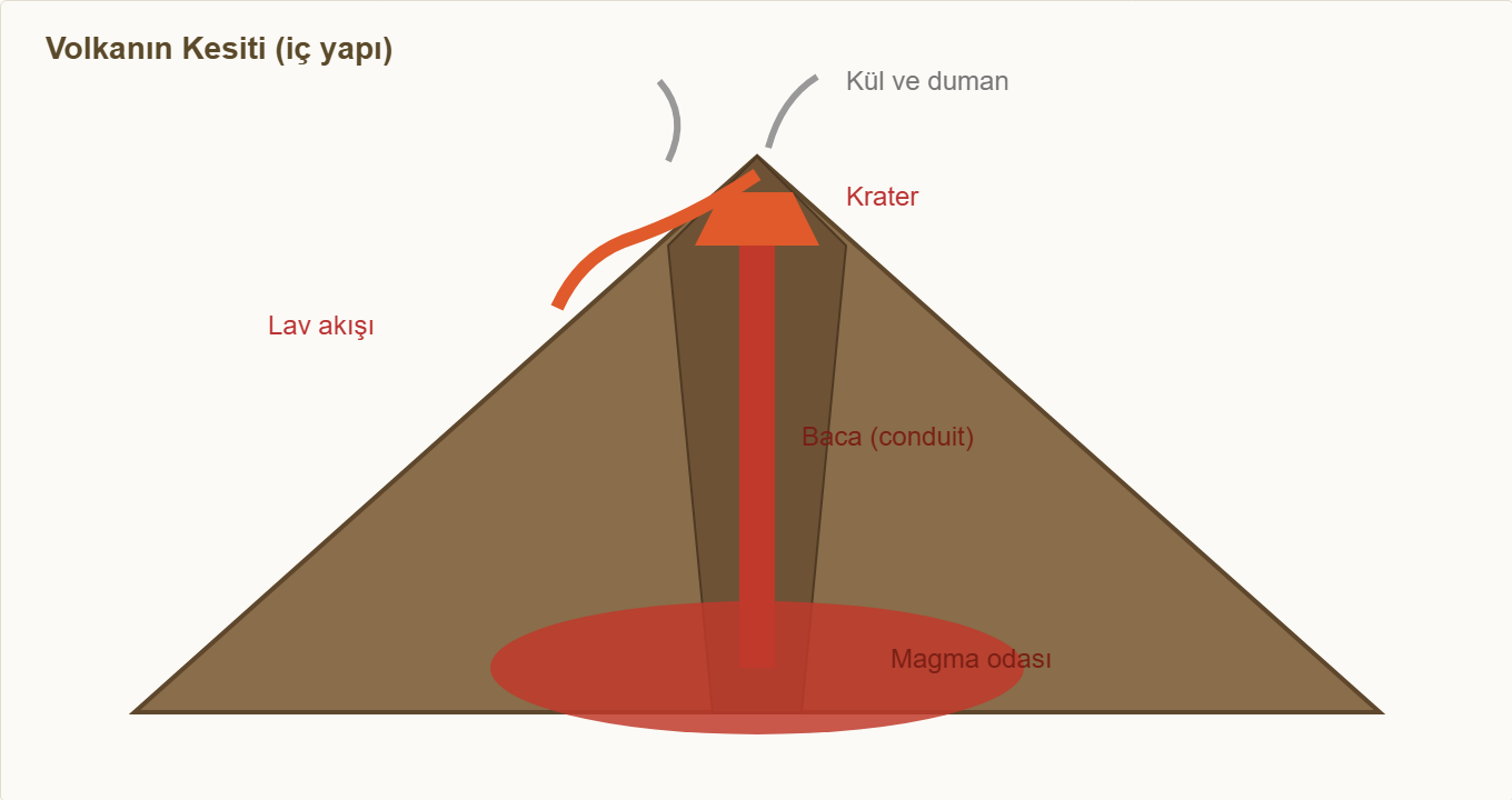 volkan maketi Çizim 1: Volkanın kesiti — magma odası, baca, krater ve lav.