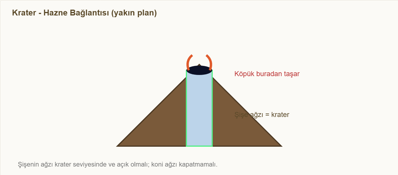 volkan maketi Detay 2: Krater ile şişe haznesinin bağlantısı.