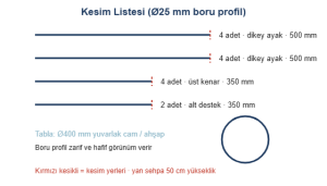 Yan sehpa boru kesim listesi cizimi